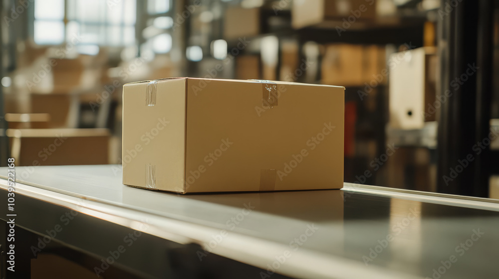 cardboard box sits on conveyor belt in warehouse, ready for shipping. industrial setting is filled with shelves and other boxes, indicating busy logistics environment cardboard box sits on conveyor belt in warehouse, ready for shipping. industrial setting is filled with shelves and other boxes, indicating busy logistics environment