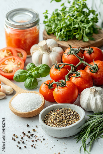 A beautiful topdown view of fresh ratatouille ingredients including tomatoes garlic herbs and spices for culinary inspiration