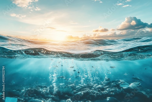 Sunlight filtering through ocean waves with a vibrant underwater view at sunset