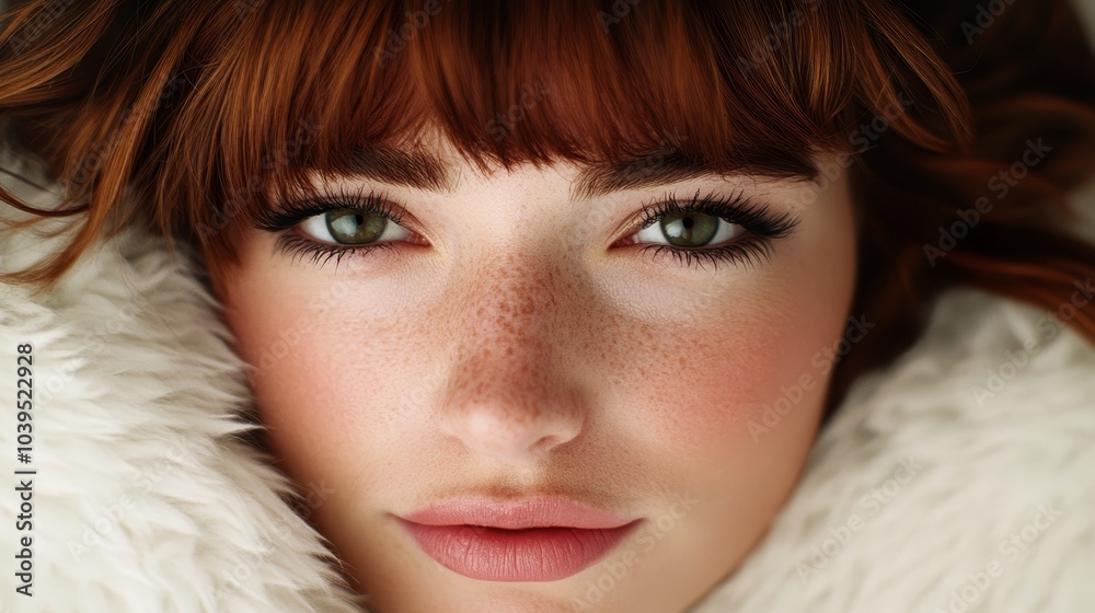 A close-up of a woman with freckled hair and freckled eyes, dressed in a white fur coat A close-up of a woman with freckled hair and freckled eyes, dressed in a white fur coat