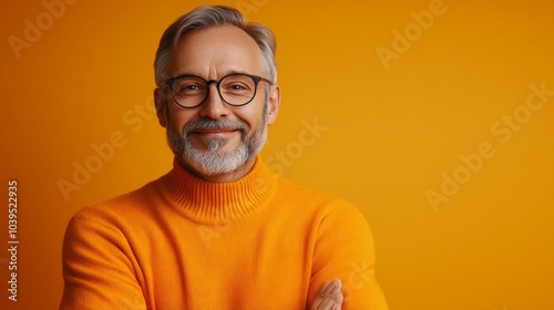 A man in an orange sweater is smiling and wearing glasses. He is posing for a picture in front of a yellow background
