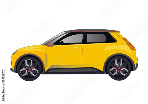 Petite voiture citadine  de couleur jaune de profil	