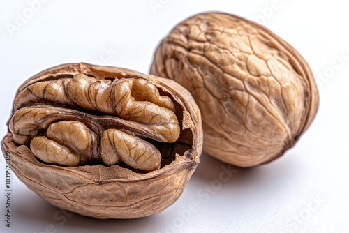 Cracked Walnut Shell with Nutmeat Inside and Whole Walnut photo