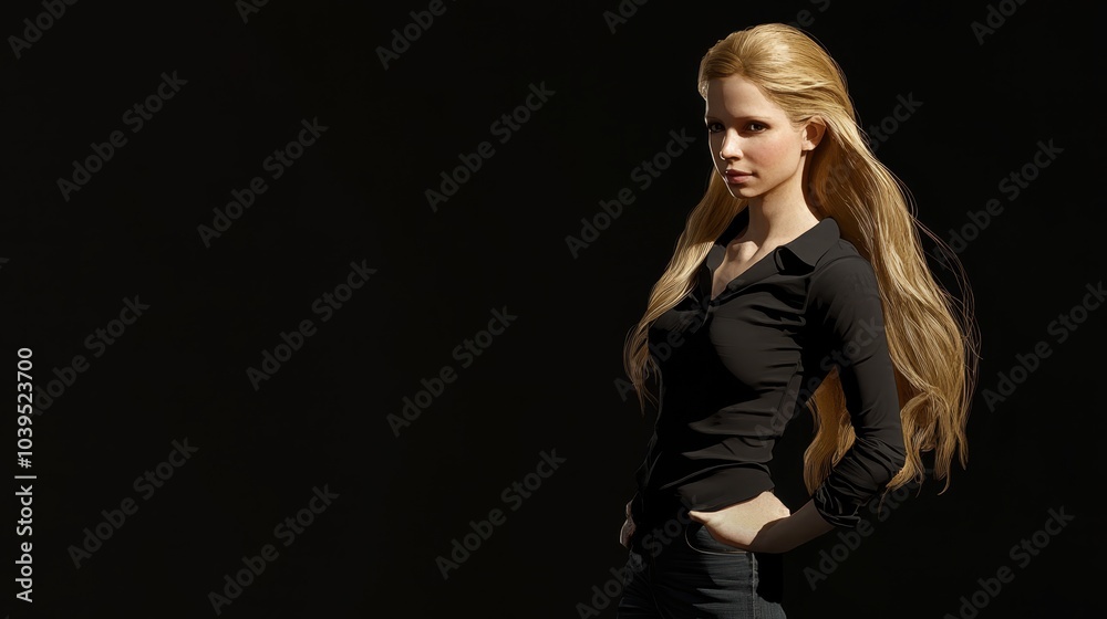 Fototapeta premium A serious-looking woman with long blonde hair stands before the camera, hands on hips