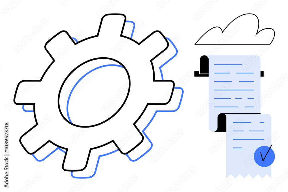 Gear symbol next to a checklist with a cloud above. Highlights efficiency, task organization, automation, and workflow management. Ideal for productivity tools, project management, efficiency, task Gear symbol next to a checklist with a cloud above. Highlights efficiency, task organization, automation, and workflow management. Ideal for productivity tools, project management, efficiency, task