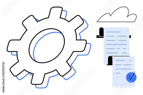 Gear symbol next to a checklist with a cloud above. Highlights efficiency, task organization, automation, and workflow management. Ideal for productivity tools, project management, efficiency, task