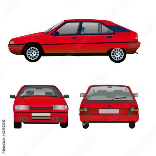 Véhicule de collection, de couleur rouge, vue de dos, de face et profil sur fond blanc	