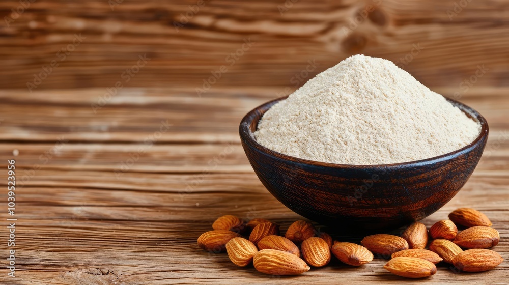 Almond flour in a bowl with whole almonds on rustic wooden surface. Almond flour in a bowl with whole almonds on rustic wooden surface.
