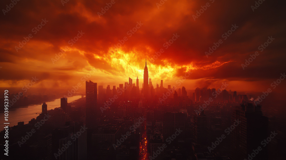 Dramatic skyline view of a city engulfed in orange and red hues during a fiery sunset, showcasing towering buildings and a moody atmosphere Dramatic skyline view of a city engulfed in orange and red hues during a fiery sunset, showcasing towering buildings and a moody atmosphere