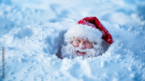 une tête de père noël souriant sort d'un trou dans la neige photo