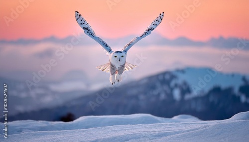 Snowy owl Bubo scandiacus hunting over a snow covered field in winter photo