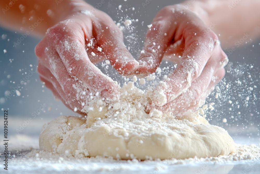 Fototapeta premium Delicate hands sifting flour onto dough, capturing the gentle precision and love involved in baking, blending a tactile experience with culinary artistry.