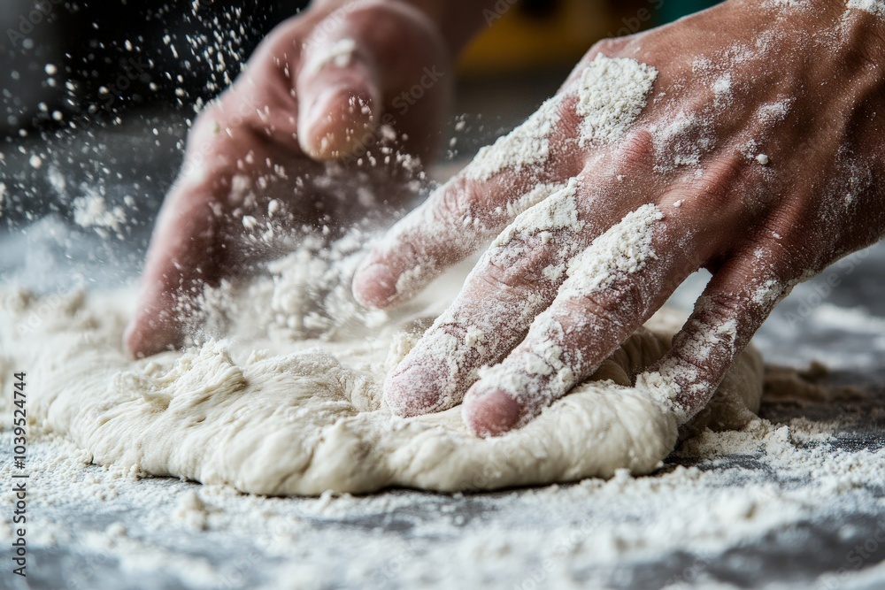 Fototapeta premium An image capturing the moment as fingers spread dough on a counter, embodying the focus and skill required in the delicate art of bread preparation.