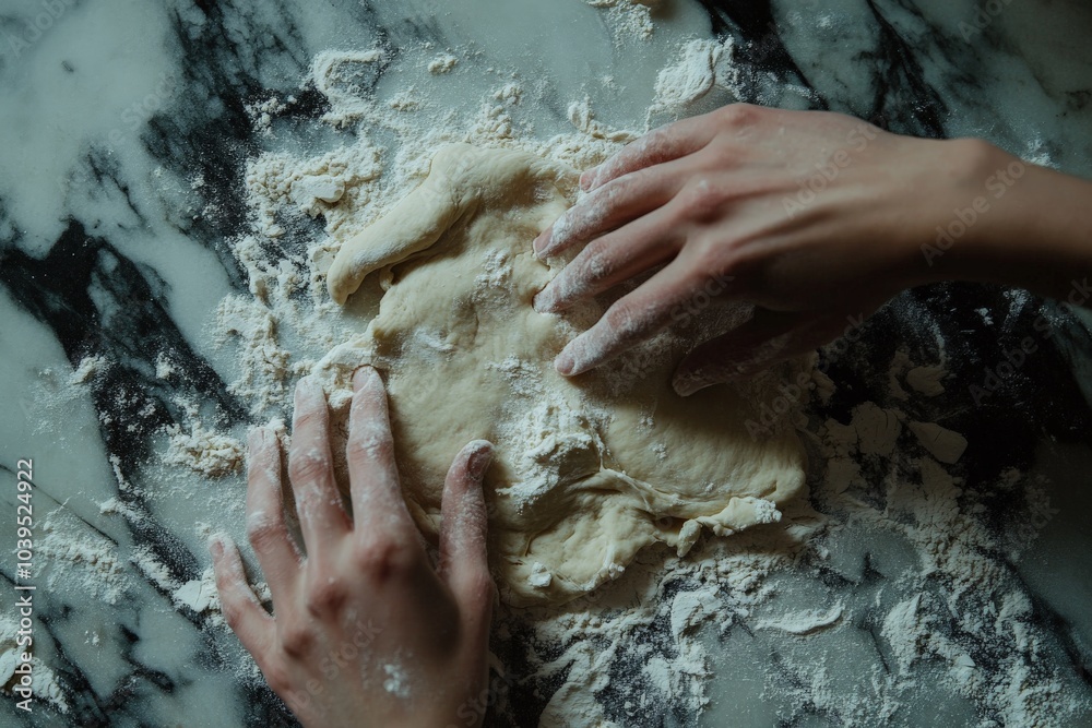 Fototapeta premium Two hands work skillfully to shape dough on a marble countertop. This image captures an intimate moment of culinary creativity and traditional baking techniques.