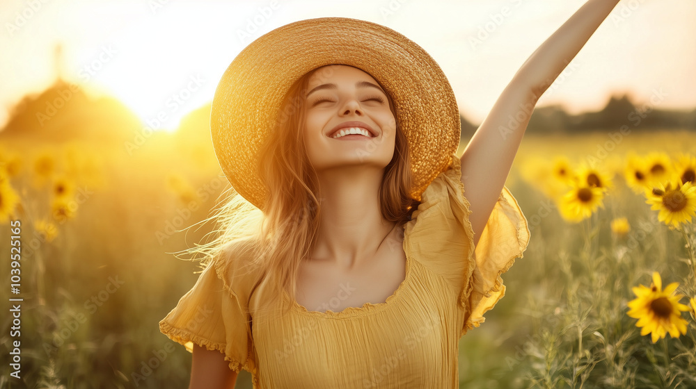 Obraz premium Szczęśliwa dziewczyna stoi na łące, rozpościerając ramiona w geście radości. Jej włosy lśnią w słońcu, a w oczach widać zachwyt nad otaczającą ją przyrodą.