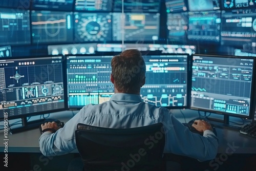 Male technical controller working at his workplace with multiple displays