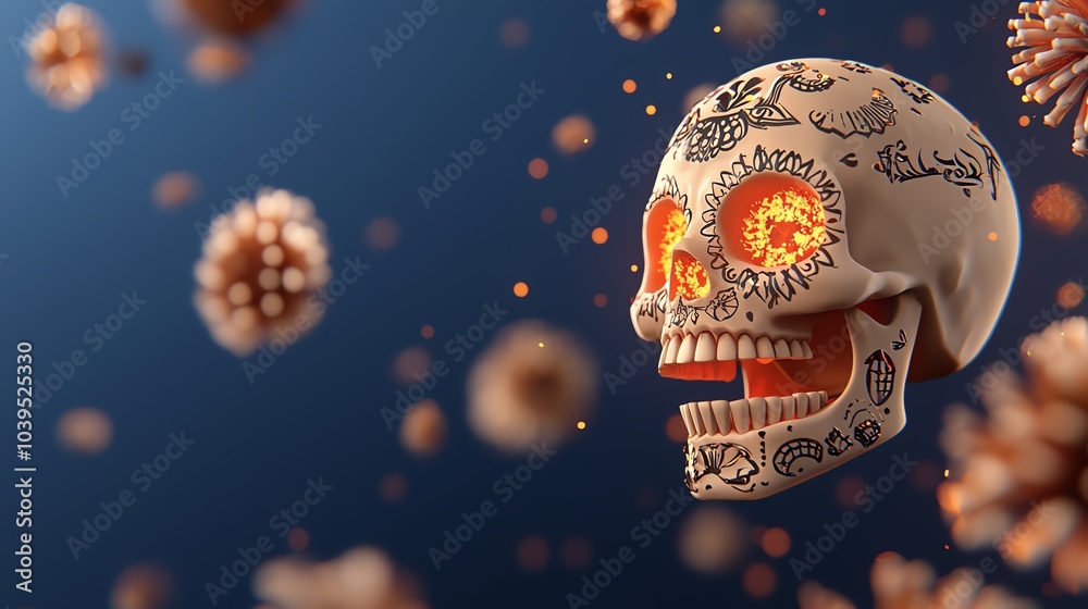 Naklejka premium Colorful sugar skull glowing in the dark, neon yellow and orange with detailed patterns