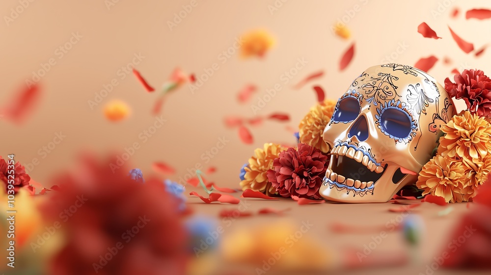 Fototapeta premium Glowing sugar skull with neon marigolds, radiant yellow and red, festive Day of the Dead