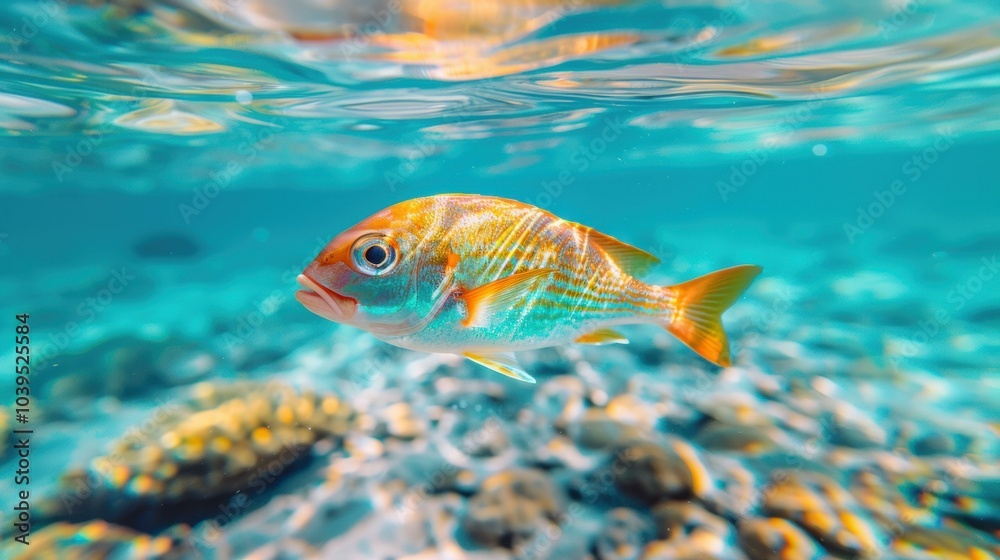 Naklejka premium A colorful fish swims in the clear blue water. AI.