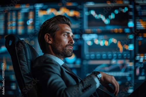 man in suit sitting with background trading screens