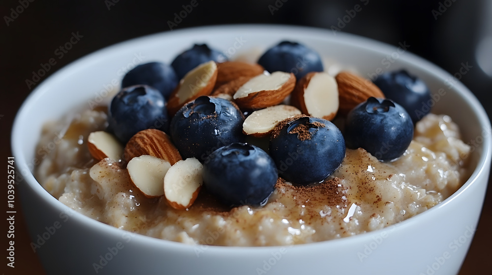 A nourishing bowl of oatmeal topped with fresh blueberries, sliced almonds, a drizzle of honey, and a sprinkle of cinnamon, served warm and inviting A nourishing bowl of oatmeal topped with fresh blueberries, sliced almonds, a drizzle of honey, and a sprinkle of cinnamon, served warm and inviting