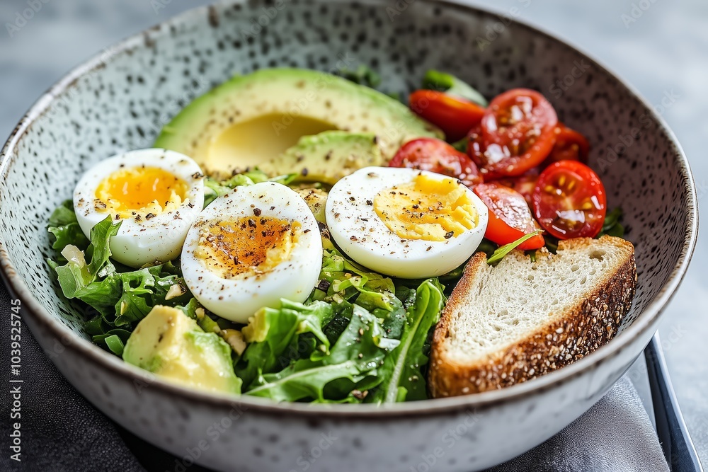Healthy Breakfast Bowl with Avocado, Soft-Boiled Eggs, and Fresh Tomatoes Healthy Breakfast Bowl with Avocado, Soft-Boiled Eggs, and Fresh Tomatoes