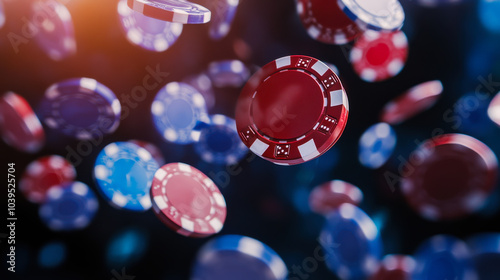 Colorful casino chips floating in the air, creating excitement and anticipation in a bustling gambling environment