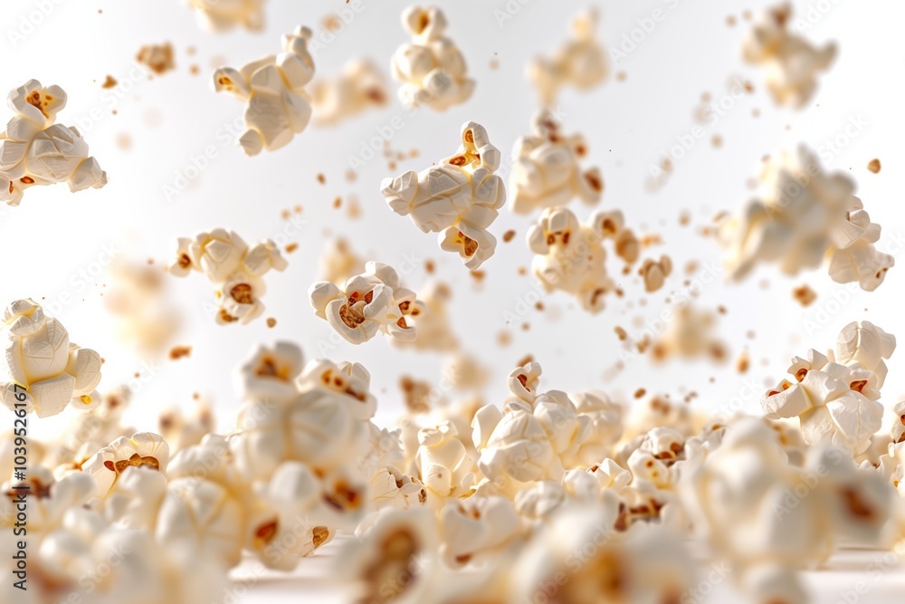 Flying Popcorn Kernels in Mid-Air Against White Background Flying Popcorn Kernels in Mid-Air Against White Background