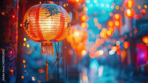 A string of lit lanterns hangs in front of a brightly lit street. AI.