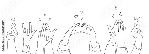 Doodle sketch hands up gestures comic icons silhouettes vector set. Group of line art fun comic hands in the air. Voting or happy congratulation audience recognition symbols.