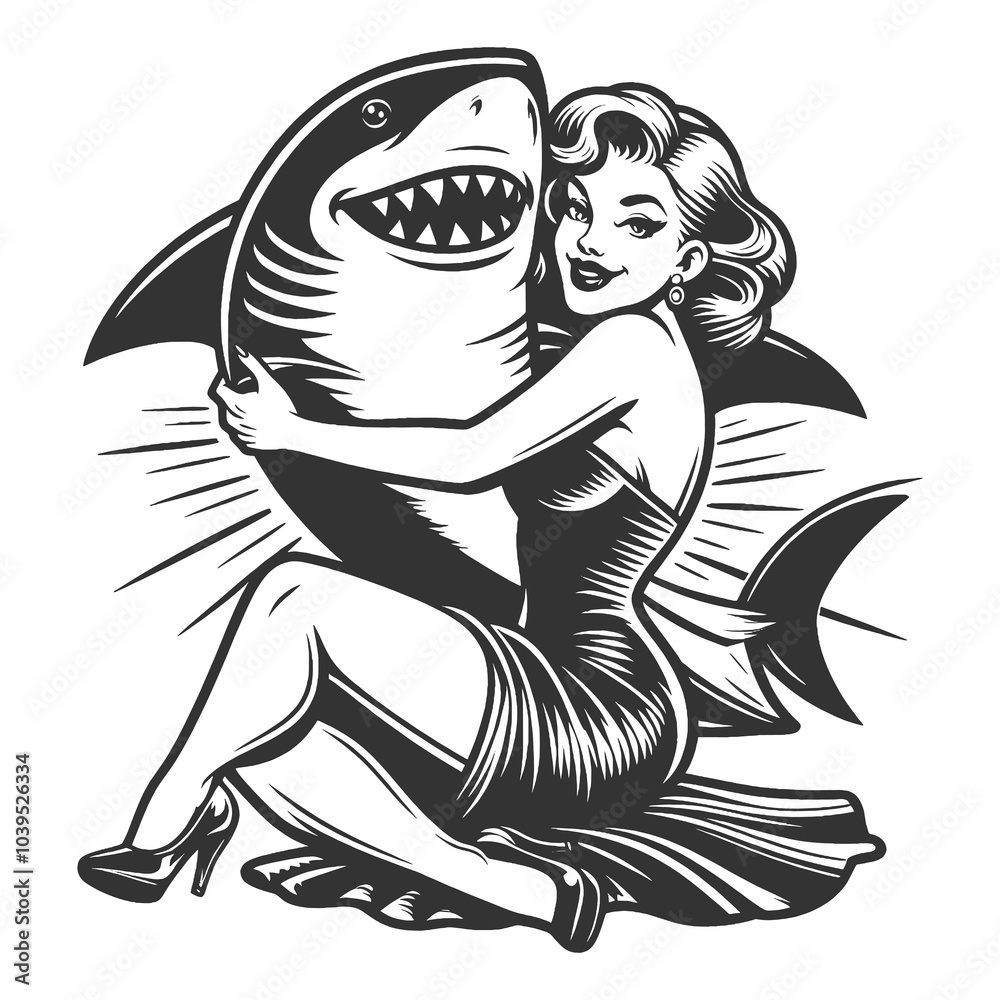 Fototapeta premium pin-up woman playfully hugging a shark, vintage style with humor and bold, whimsical imagery sketch engraving generative ai raster illustration. Scratch board imitation. Black and white image.