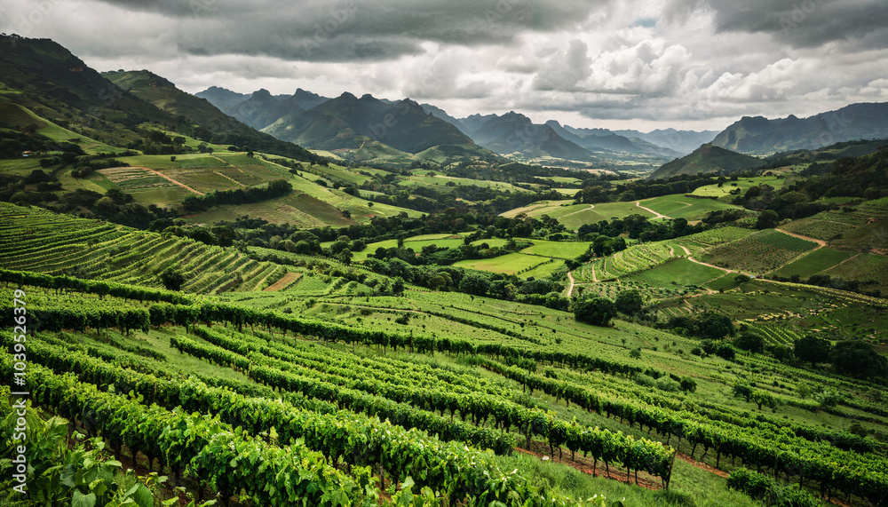 Vignobles verdoyants sous un ciel nuageux Vignobles verdoyants sous un ciel nuageux