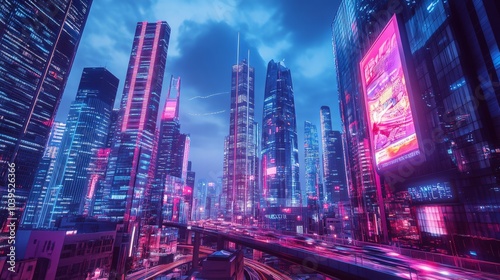 Wallpaper Mural Sleek, high-tech urban cityscape at dusk, with towering skyscrapers and advanced transportation systems, featuring neon lights and holographic advertisements, creating a vibrant, modern environment Torontodigital.ca