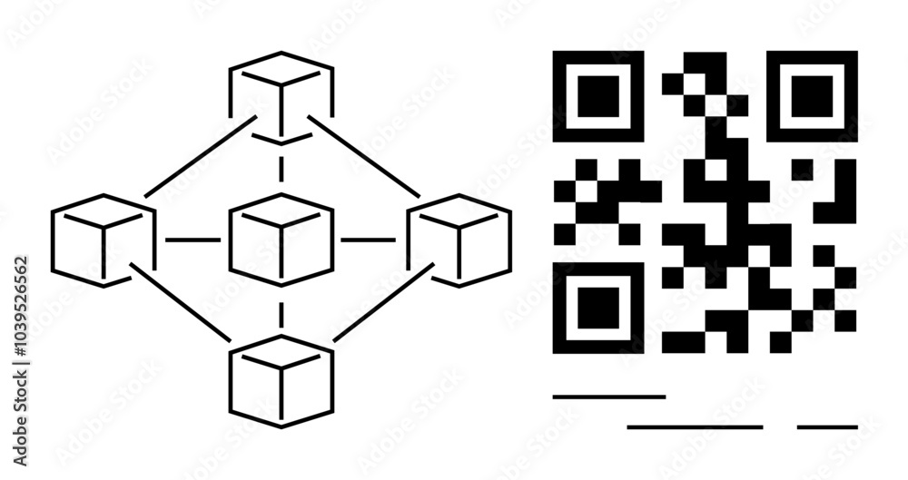 Blockchain network interconnected cubes and a QR code. Ideal for technology, digital transactions, data security, innovation, and modern communication visuals. Simplistic, minimalist, modern style Blockchain network interconnected cubes and a QR code. Ideal for technology, digital transactions, data security, innovation, and modern communication visuals. Simplistic, minimalist, modern style
