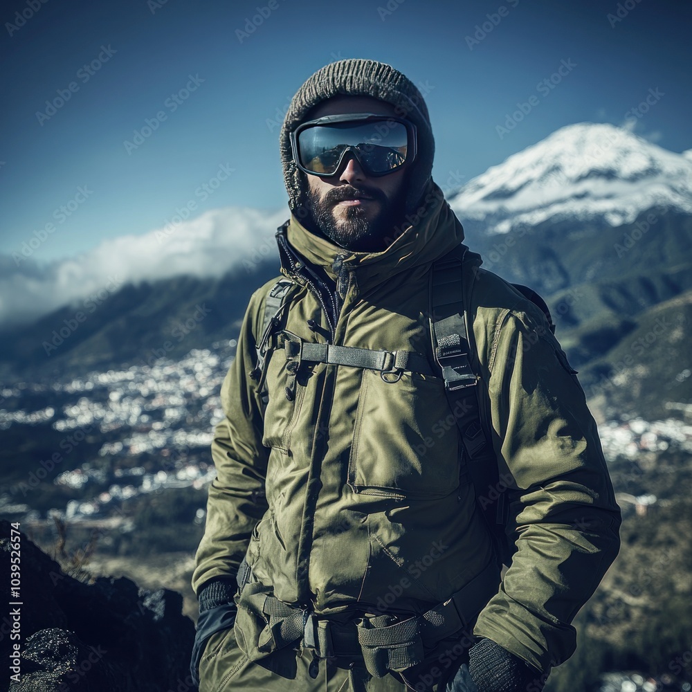 Naklejka premium A man in winter gear stands against a mountainous backdrop, showcasing adventure and exploration.