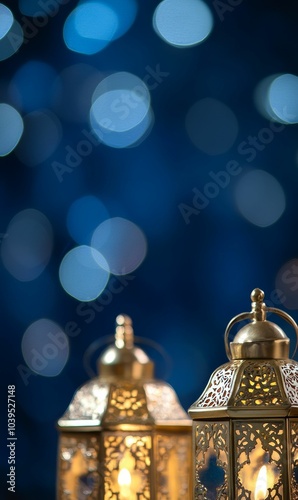Wallpaper Mural Golden lanterns with candles glow against blue bokeh. Torontodigital.ca