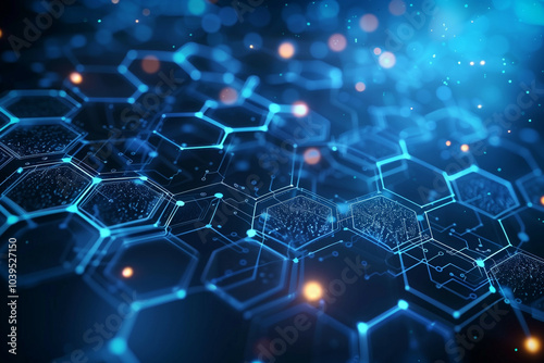 An abstract technology background with a network of glowing blue hexagons and electronic circuitry elements