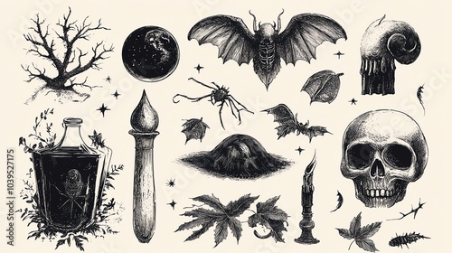 A set of hand-drawn illustrations featuring a spooky and mysterious collection of objects, including a skull, a bat, a spider, and a bottle. photo