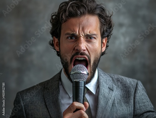 A passionate man passionately singing into a microphone, embodying emotions with a powerful expression and sharp suit.