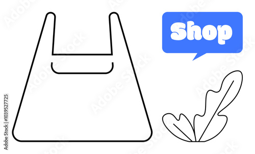 Outline of a reusable shopping bag black leaf illustration and blue bubble with text promoting shopping. Ideal for eco-friendly shops sustainable shopping campaigns reusable bag awareness