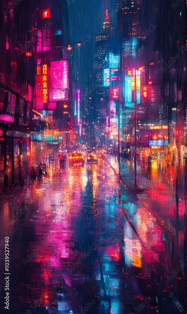Neon city street in rainy night. Neon city street in rainy night.