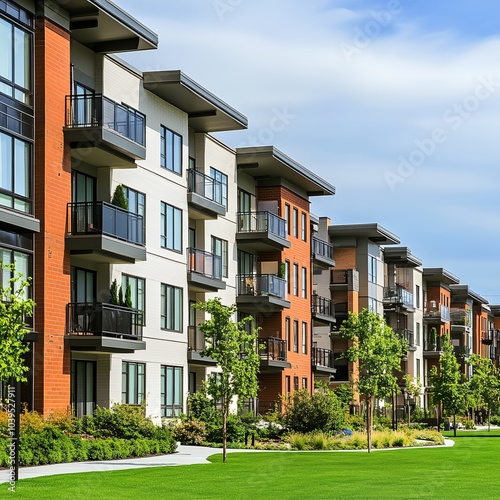 A row of apartment buildings with a green lawn in front of them. The buildings are tall and have balconies