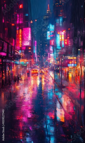 Neon city street in rainy night.