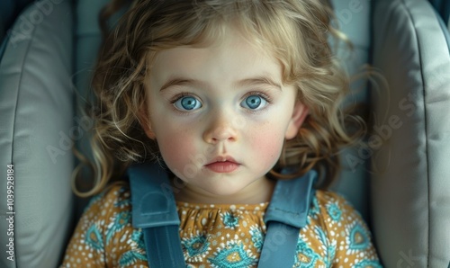 A young girl with curly blonde hair and big blue eyes. AI.