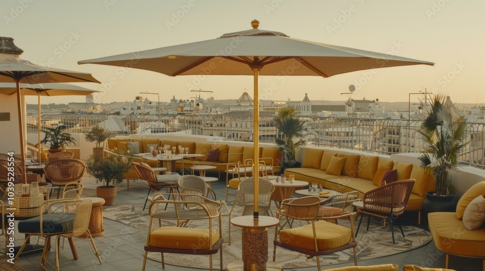 Naklejka premium A rooftop terrace with a view of the city. AI.