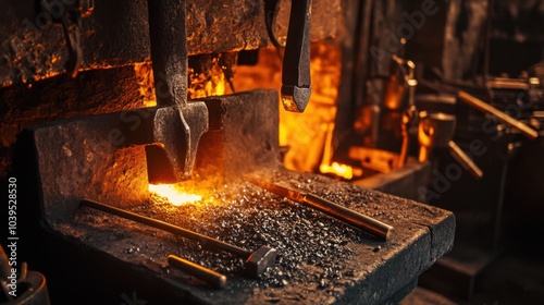 A serene metalworking forge with blacksmith tools, Metal sculptures taking shape, Artisanal workshop style photo