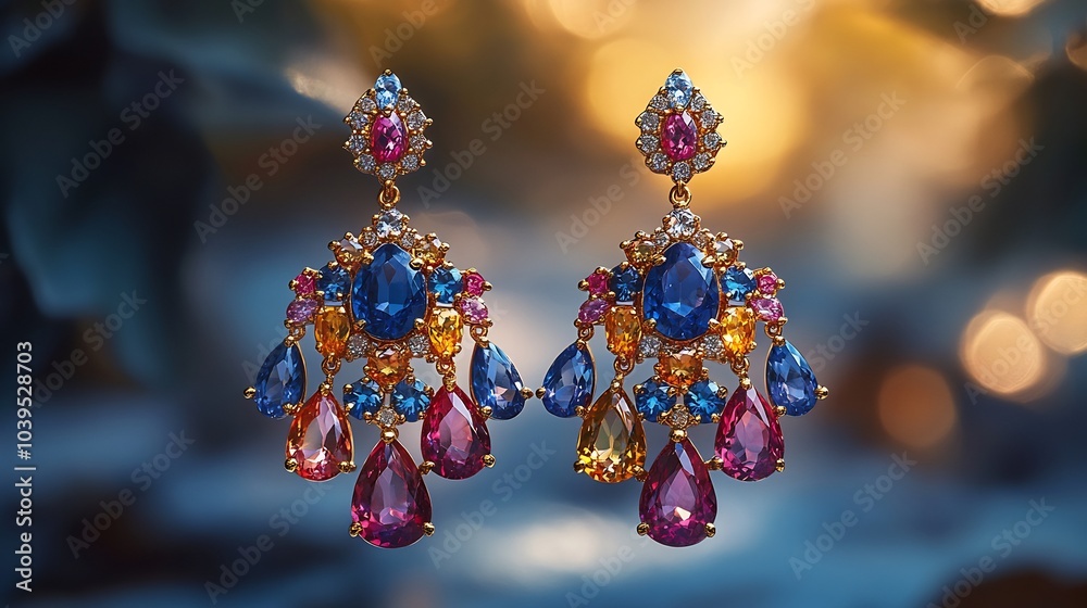 Bold chandelier earrings a mix of colored gemstones set against a plain minimalistic backdrop drawing attention to their intricate and vibrant design Bold chandelier earrings a mix of colored gemstones set against a plain minimalistic backdrop drawing attention to their intricate and vibrant design