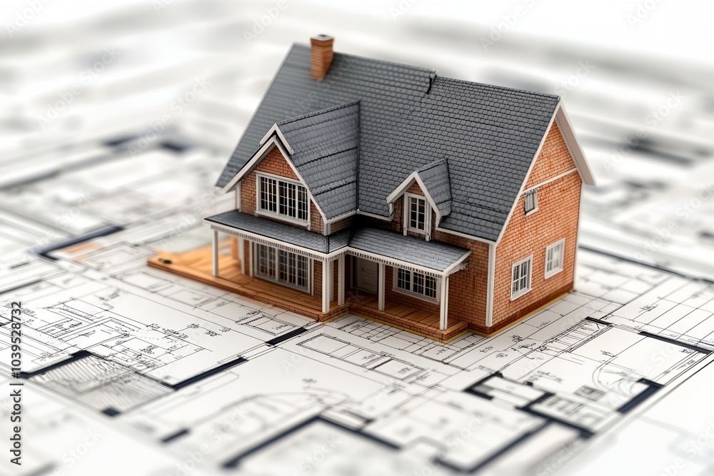 A house is shown on top of a blueprint. The house is a two story brick home with a gray roof. The house is situated in the middle of the blueprint, with the front of the house facing the left A house is shown on top of a blueprint. The house is a two story brick home with a gray roof. The house is situated in the middle of the blueprint, with the front of the house facing the left