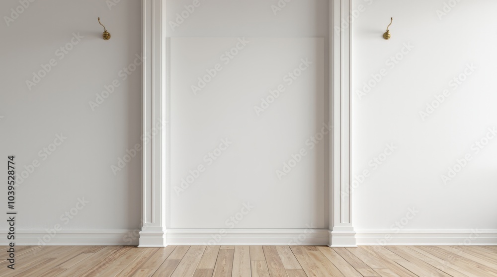 Fototapeta premium A modern grey interior space showcased in a before-and-after format, featuring a mock-up placed on a white concrete wall alongside wooden elements.
