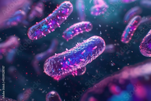 3d rendering of bacteria cells with internal structures, flagella and pili visible, floating in a liquid photo